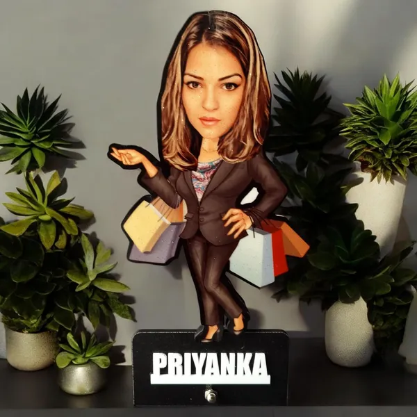 Personalized_2D_Female_Caricature_Gift_with_Acrylic_Name,_Custom_Shopping_Woman_Wooden_Standee,_Double_Layer_Laminated_MDF_Glossy_Finish_Gift_for_Men_&_Women