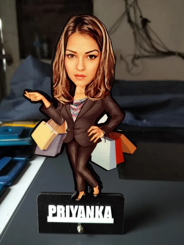 Personalized_2D_Female_Caricature_Gift_with_Acrylic_Name,_Custom_Shopping_Woman_Wooden_Standee,_Double_Layer_Laminated_MDF_Glossy_Finish_Gift_for_Men_&_Women