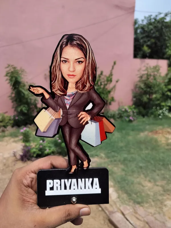 Personalized_2D_Female_Caricature_Gift_with_Acrylic_Name,_Custom_Shopping_Woman_Wooden_Standee,_Double_Layer_Laminated_MDF_Glossy_Finish_Gift_for_Men_&_Women