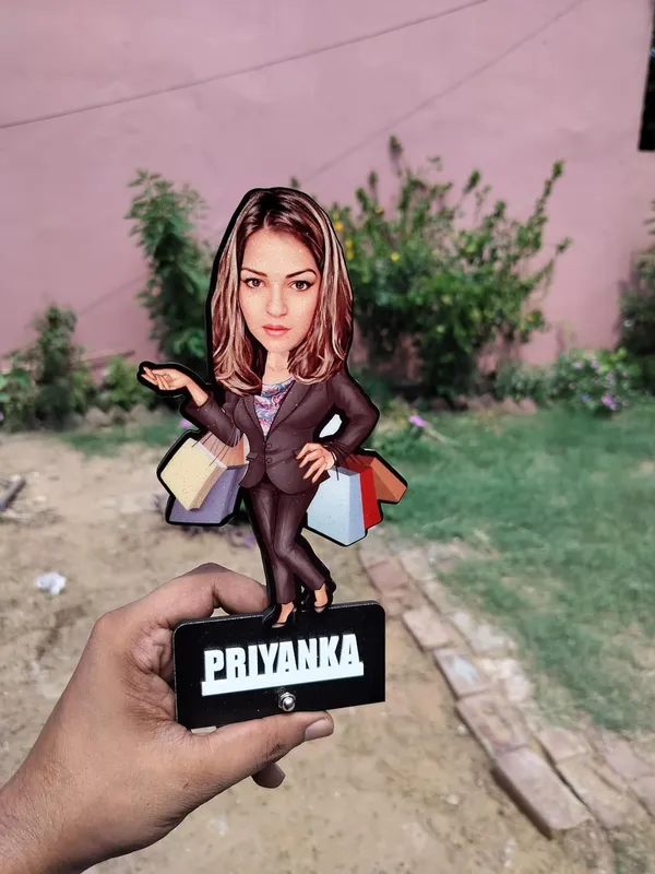 Personalized_2D_Female_Caricature_Gift_with_Acrylic_Name,_Custom_Shopping_Woman_Wooden_Standee,_Double_Layer_Laminated_MDF_Glossy_Finish_Gift_for_Men_&_Women