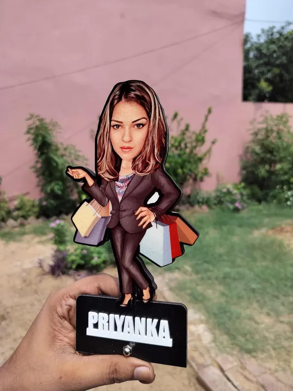 Personalized_2D_Female_Caricature_Gift_with_Acrylic_Name,_Custom_Shopping_Woman_Wooden_Standee,_Double_Layer_Laminated_MDF_Glossy_Finish_Gift_for_Men_&_Women