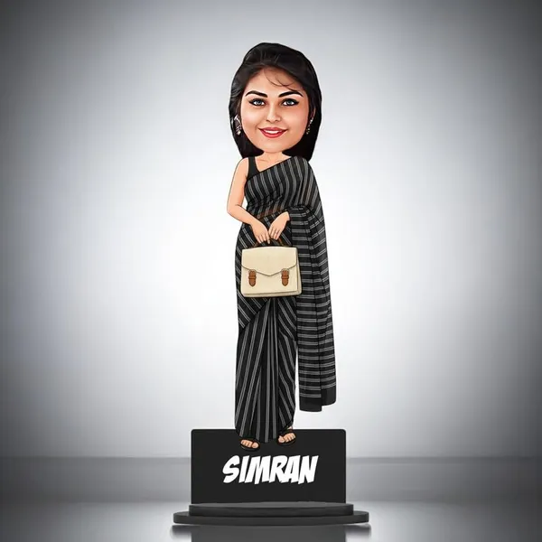 Personalized_Girl_Caricature_in_Saree_with_Purse,_7_Inch_Custom_2D_Wooden_Figurine_with_Stand_&_Acrylic_Nameplate,_Double_Layer_Glossy_Laminated_MDF_Gift_for_Women_&_Girls,_Any_Dress_&_Profession