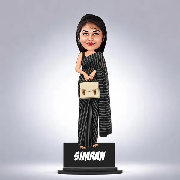 Personalized_Girl_Caricature_in_Saree_with_Purse,_7_Inch_Custom_2D_Wooden_Figurine_with_Stand_&_Acrylic_Nameplate,_Double_Layer_Glossy_Laminated_MDF_Gift_for_Women_&_Girls,_Any_Dress_&_Profession
