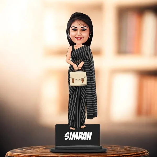 Personalized_Girl_Caricature_in_Saree_with_Purse,_7_Inch_Custom_2D_Wooden_Figurine_with_Stand_&_Acrylic_Nameplate,_Double_Layer_Glossy_Laminated_MDF_Gift_for_Women_&_Girls,_Any_Dress_&_Profession