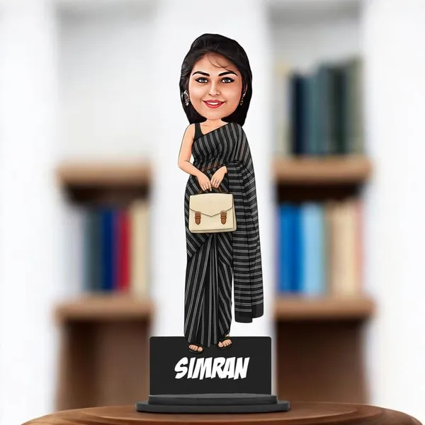 Personalized_Girl_Caricature_in_Saree_with_Purse,_7_Inch_Custom_2D_Wooden_Figurine_with_Stand_&_Acrylic_Nameplate,_Double_Layer_Glossy_Laminated_MDF_Gift_for_Women_&_Girls,_Any_Dress_&_Profession
