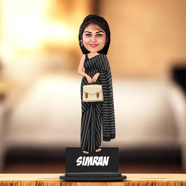 Personalized_Girl_Caricature_in_Saree_with_Purse,_7_Inch_Custom_2D_Wooden_Figurine_with_Stand_&_Acrylic_Nameplate,_Double_Layer_Glossy_Laminated_MDF_Gift_for_Women_&_Girls,_Any_Dress_&_Profession