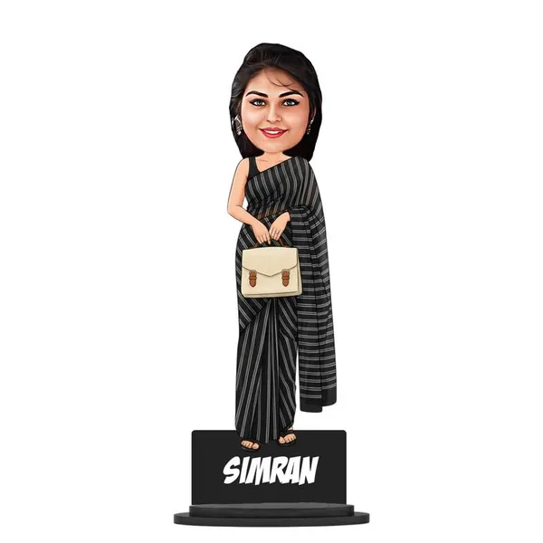 Personalized_Girl_Caricature_in_Saree_with_Purse,_7_Inch_Custom_2D_Wooden_Figurine_with_Stand_&_Acrylic_Nameplate,_Double_Layer_Glossy_Laminated_MDF_Gift_for_Women_&_Girls,_Any_Dress_&_Profession