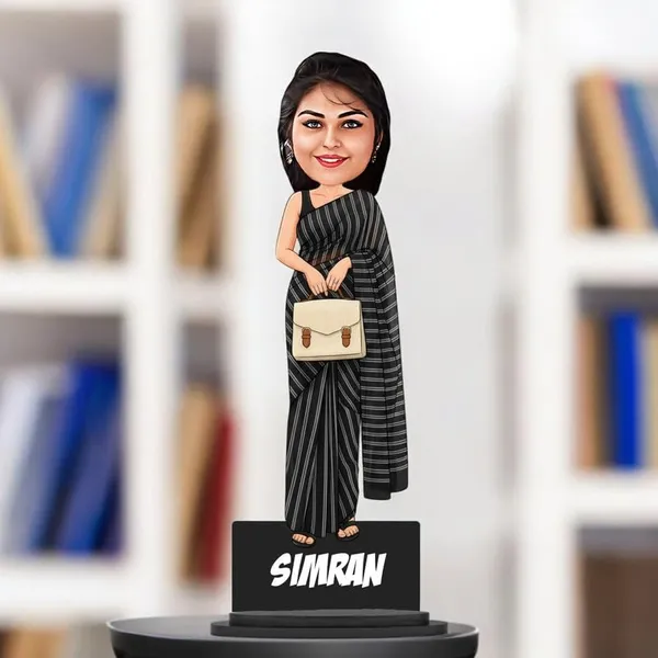 Personalized_Girl_Caricature_in_Saree_with_Purse,_7_Inch_Custom_2D_Wooden_Figurine_with_Stand_&_Acrylic_Nameplate,_Double_Layer_Glossy_Laminated_MDF_Gift_for_Women_&_Girls,_Any_Dress_&_Profession