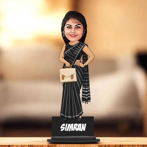 Personalized_Girl_Caricature_with_Acrylic_Name_|_Custom_Saree_Figurine_|_Glossy_Double-Layer_Laminated_MDF_with_Stand_|_Unique_Gift_for_Women_&_Men_|_Custom_Caricature_for_Any_Profession