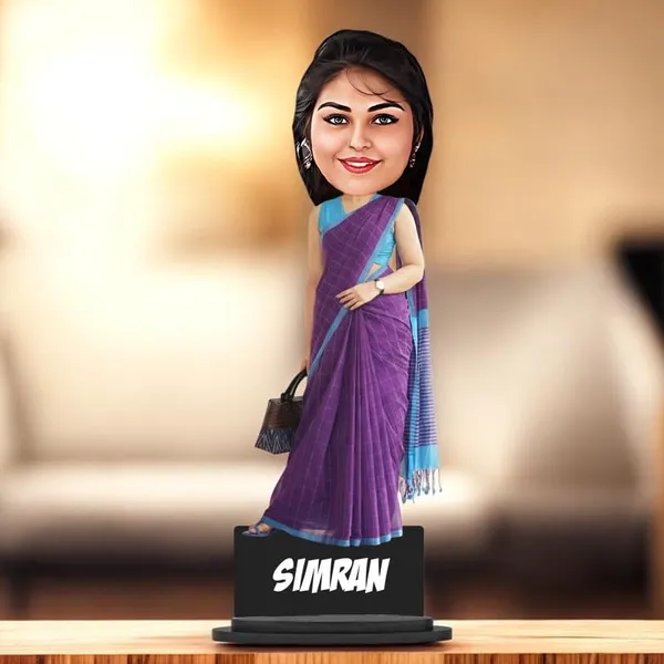 Personalized_Girl_Caricature_in_Saree_with_Purse,_7_Inch_Custom_2D_Wooden_Figurine_with_Stand_&_Acrylic_Nameplate,_Double_Layer_Glossy_Laminated_MDF_Gift_for_Women_&_Girls,_Any_Dress_&_Profession