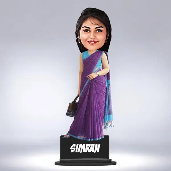 Personalized_Girl_Caricature_in_Saree_with_Purse,_7_Inch_Custom_2D_Wooden_Figurine_with_Stand_&_Acrylic_Nameplate,_Double_Layer_Glossy_Laminated_MDF_Gift_for_Women_&_Girls,_Any_Dress_&_Profession
