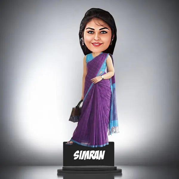 Personalized_Girl_Caricature_in_Saree_with_Purse,_7_Inch_Custom_2D_Wooden_Figurine_with_Stand_&_Acrylic_Nameplate,_Double_Layer_Glossy_Laminated_MDF_Gift_for_Women_&_Girls,_Any_Dress_&_Profession