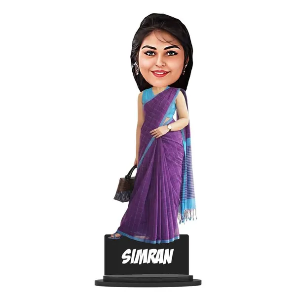 Personalized_Girl_Caricature_in_Saree_with_Purse,_7_Inch_Custom_2D_Wooden_Figurine_with_Stand_&_Acrylic_Nameplate,_Double_Layer_Glossy_Laminated_MDF_Gift_for_Women_&_Girls,_Any_Dress_&_Profession