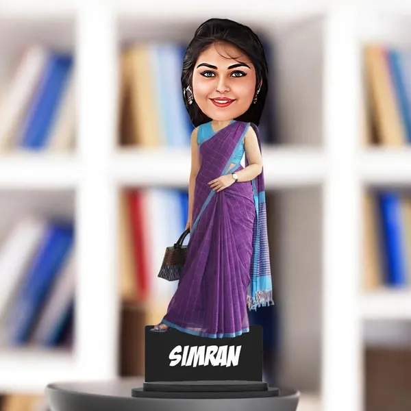 Personalized_Girl_Caricature_in_Saree_with_Purse,_7_Inch_Custom_2D_Wooden_Figurine_with_Stand_&_Acrylic_Nameplate,_Double_Layer_Glossy_Laminated_MDF_Gift_for_Women_&_Girls,_Any_Dress_&_Profession