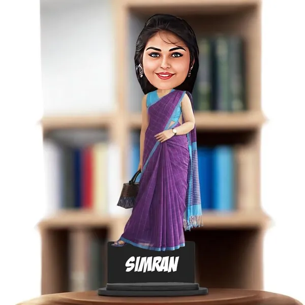 Personalized_Girl_Caricature_in_Saree_with_Purse,_7_Inch_Custom_2D_Wooden_Figurine_with_Stand_&_Acrylic_Nameplate,_Double_Layer_Glossy_Laminated_MDF_Gift_for_Women_&_Girls,_Any_Dress_&_Profession