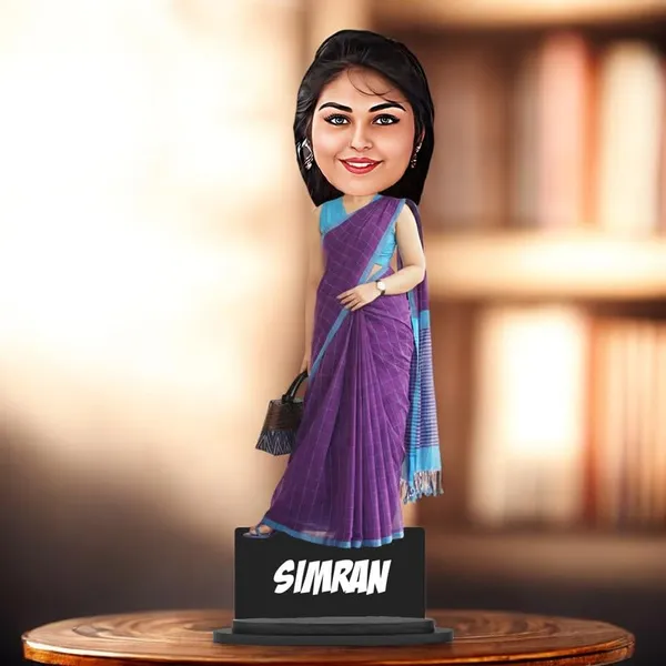 Personalized_Girl_Caricature_in_Saree_with_Purse,_7_Inch_Custom_2D_Wooden_Figurine_with_Stand_&_Acrylic_Nameplate,_Double_Layer_Glossy_Laminated_MDF_Gift_for_Women_&_Girls,_Any_Dress_&_Profession