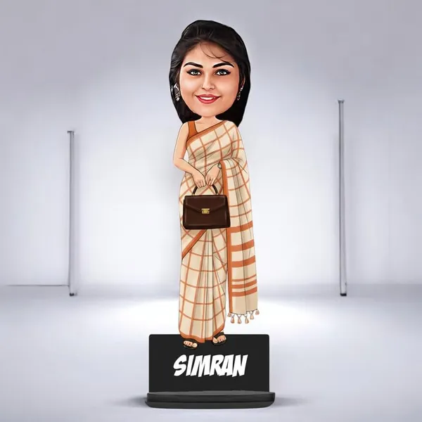 Personalized_Girl_Caricature_in_Saree_with_Purse,_7_Inch_Custom_2D_Wooden_Figurine_with_Stand_&_Acrylic_Nameplate,_Double_Layer_Glossy_Laminated_MDF_Gift_for_Women_&_Girls,_Any_Dress_&_Profession