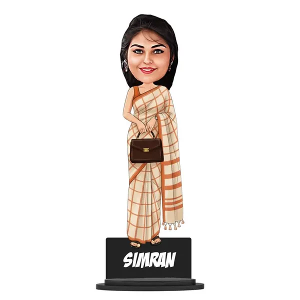 Personalized_Girl_Caricature_in_Saree_with_Purse,_7_Inch_Custom_2D_Wooden_Figurine_with_Stand_&_Acrylic_Nameplate,_Double_Layer_Glossy_Laminated_MDF_Gift_for_Women_&_Girls,_Any_Dress_&_Profession