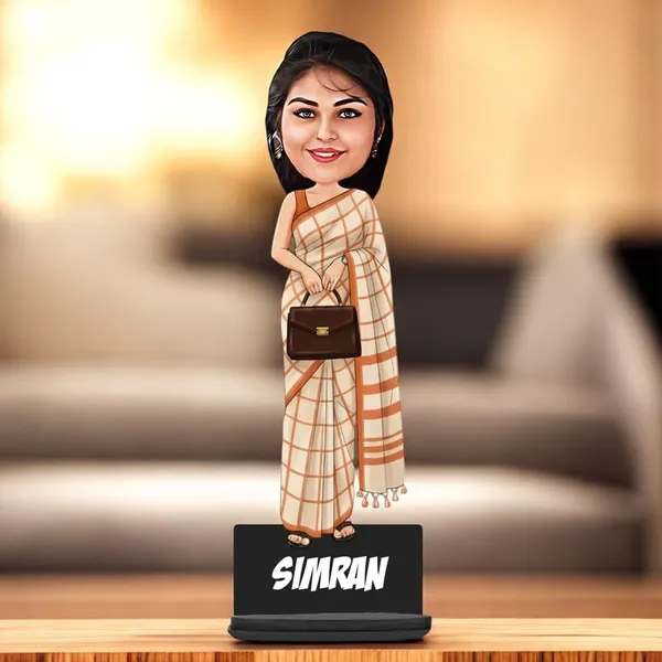 Personalized_Girl_Caricature_in_Saree_with_Purse,_7_Inch_Custom_2D_Wooden_Figurine_with_Stand_&_Acrylic_Nameplate,_Double_Layer_Glossy_Laminated_MDF_Gift_for_Women_&_Girls,_Any_Dress_&_Profession