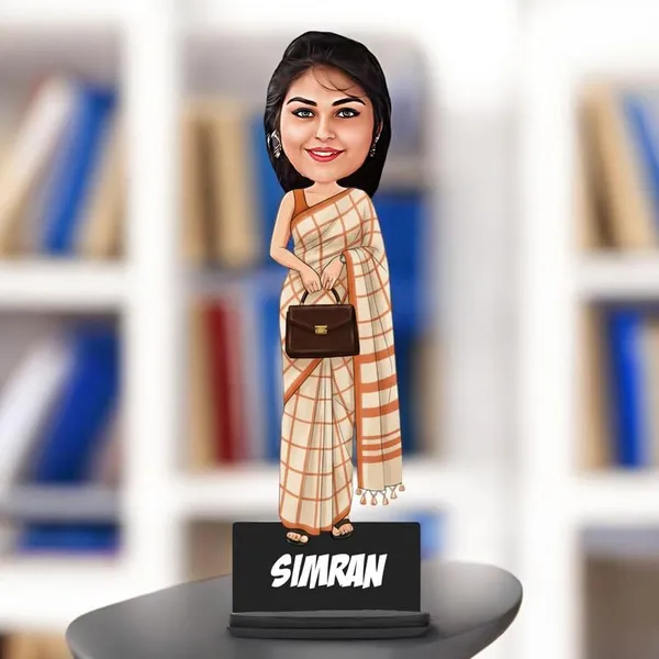 Personalized_Girl_Caricature_in_Saree_with_Purse,_7_Inch_Custom_2D_Wooden_Figurine_with_Stand_&_Acrylic_Nameplate,_Double_Layer_Glossy_Laminated_MDF_Gift_for_Women_&_Girls,_Any_Dress_&_Profession