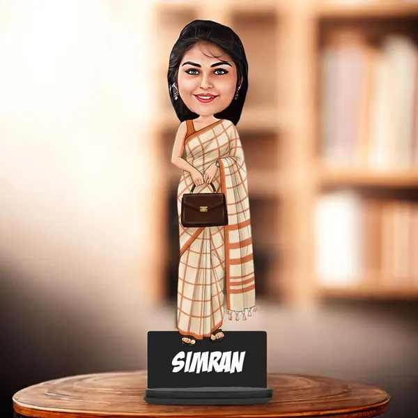 Personalized_Girl_Caricature_in_Saree_with_Purse,_7_Inch_Custom_2D_Wooden_Figurine_with_Stand_&_Acrylic_Nameplate,_Double_Layer_Glossy_Laminated_MDF_Gift_for_Women_&_Girls,_Any_Dress_&_Profession