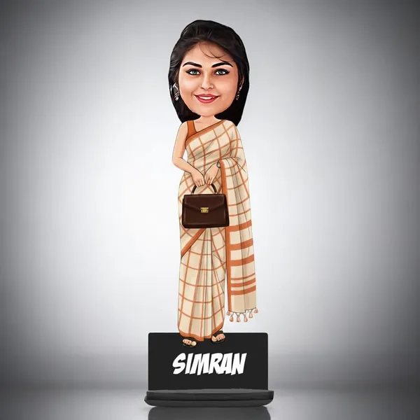 Personalized_Girl_Caricature_in_Saree_with_Purse,_7_Inch_Custom_2D_Wooden_Figurine_with_Stand_&_Acrylic_Nameplate,_Double_Layer_Glossy_Laminated_MDF_Gift_for_Women_&_Girls,_Any_Dress_&_Profession