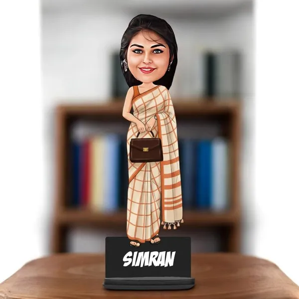 Personalized_Girl_Caricature_in_Saree_with_Purse,_7_Inch_Custom_2D_Wooden_Figurine_with_Stand_&_Acrylic_Nameplate,_Double_Layer_Glossy_Laminated_MDF_Gift_for_Women_&_Girls,_Any_Dress_&_Profession
