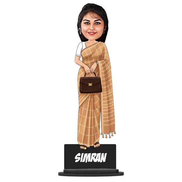 Personalized_Girl_Caricature_in_Saree_with_Purse,_7_Inch_Custom_2D_Wooden_Figurine_with_Stand_&_Acrylic_Nameplate,_Double_Layer_Glossy_Laminated_MDF_Gift_for_Women_&_Girls,_Any_Dress_&_Profession