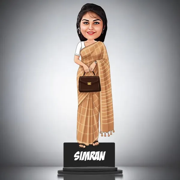 Personalized_Girl_Caricature_in_Saree_with_Purse,_7_Inch_Custom_2D_Wooden_Figurine_with_Stand_&_Acrylic_Nameplate,_Double_Layer_Glossy_Laminated_MDF_Gift_for_Women_&_Girls,_Any_Dress_&_Profession