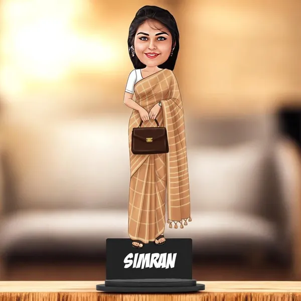 Personalized_Girl_Caricature_in_Saree_with_Purse,_7_Inch_Custom_2D_Wooden_Figurine_with_Stand_&_Acrylic_Nameplate,_Double_Layer_Glossy_Laminated_MDF_Gift_for_Women_&_Girls,_Any_Dress_&_Profession
