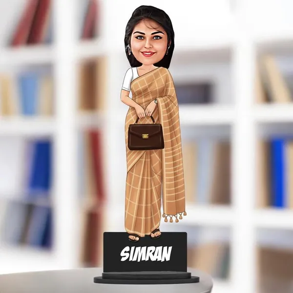 Personalized_Girl_Caricature_in_Saree_with_Purse,_7_Inch_Custom_2D_Wooden_Figurine_with_Stand_&_Acrylic_Nameplate,_Double_Layer_Glossy_Laminated_MDF_Gift_for_Women_&_Girls,_Any_Dress_&_Profession