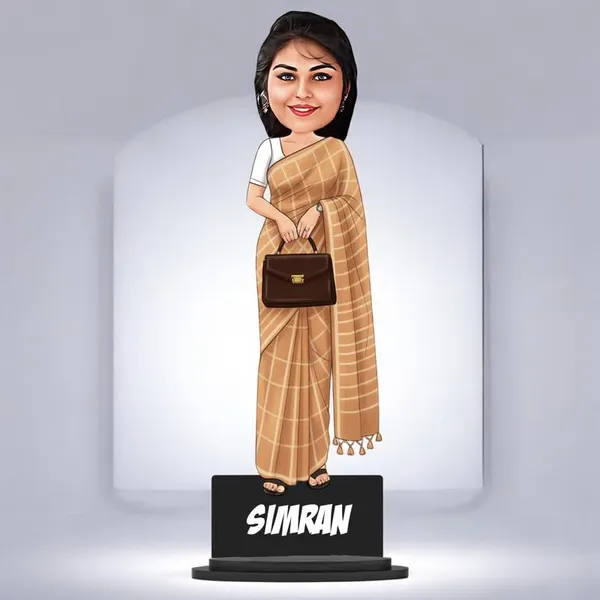 Personalized_Girl_Caricature_in_Saree_with_Purse,_7_Inch_Custom_2D_Wooden_Figurine_with_Stand_&_Acrylic_Nameplate,_Double_Layer_Glossy_Laminated_MDF_Gift_for_Women_&_Girls,_Any_Dress_&_Profession