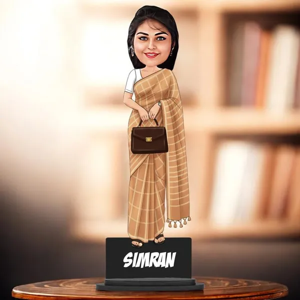 Personalized_Girl_Caricature_in_Saree_with_Purse,_7_Inch_Custom_2D_Wooden_Figurine_with_Stand_&_Acrylic_Nameplate,_Double_Layer_Glossy_Laminated_MDF_Gift_for_Women_&_Girls,_Any_Dress_&_Profession