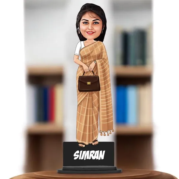 Personalized_Girl_Caricature_in_Saree_with_Purse,_7_Inch_Custom_2D_Wooden_Figurine_with_Stand_&_Acrylic_Nameplate,_Double_Layer_Glossy_Laminated_MDF_Gift_for_Women_&_Girls,_Any_Dress_&_Profession