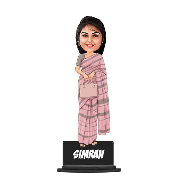 Personalized_Girl_Caricature_in_Saree_with_Purse,_7_Inch_Custom_2D_Wooden_Figurine_with_Stand_&_Acrylic_Nameplate,_Double_Layer_Glossy_Laminated_MDF_Gift_for_Women_&_Girls,_Any_Dress_&_Profession