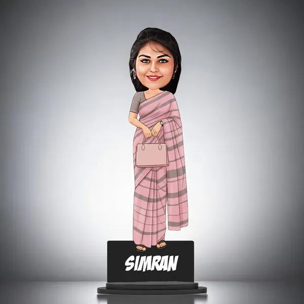 Personalized_Girl_Caricature_in_Saree_with_Purse,_7_Inch_Custom_2D_Wooden_Figurine_with_Stand_&_Acrylic_Nameplate,_Double_Layer_Glossy_Laminated_MDF_Gift_for_Women_&_Girls,_Any_Dress_&_Profession