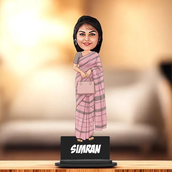 Personalized_Girl_Caricature_in_Saree_with_Purse,_7_Inch_Custom_2D_Wooden_Figurine_with_Stand_&_Acrylic_Nameplate,_Double_Layer_Glossy_Laminated_MDF_Gift_for_Women_&_Girls,_Any_Dress_&_Profession