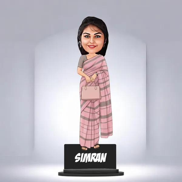 Personalized_Girl_Caricature_in_Saree_with_Purse,_7_Inch_Custom_2D_Wooden_Figurine_with_Stand_&_Acrylic_Nameplate,_Double_Layer_Glossy_Laminated_MDF_Gift_for_Women_&_Girls,_Any_Dress_&_Profession