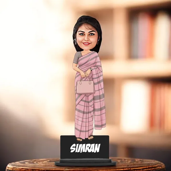 Personalized_Girl_Caricature_in_Saree_with_Purse,_7_Inch_Custom_2D_Wooden_Figurine_with_Stand_&_Acrylic_Nameplate,_Double_Layer_Glossy_Laminated_MDF_Gift_for_Women_&_Girls,_Any_Dress_&_Profession