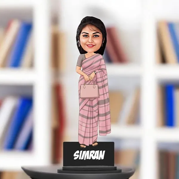 Personalized_Girl_Caricature_in_Saree_with_Purse,_7_Inch_Custom_2D_Wooden_Figurine_with_Stand_&_Acrylic_Nameplate,_Double_Layer_Glossy_Laminated_MDF_Gift_for_Women_&_Girls,_Any_Dress_&_Profession