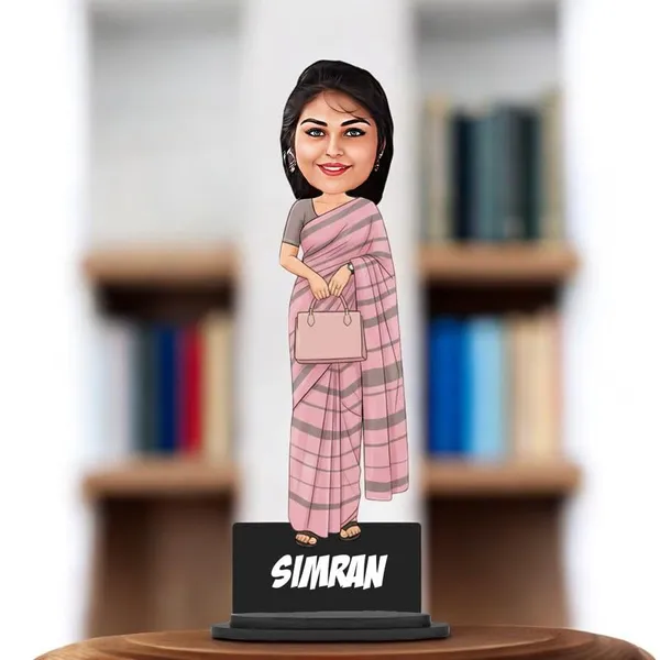 Personalized_Girl_Caricature_in_Saree_with_Purse,_7_Inch_Custom_2D_Wooden_Figurine_with_Stand_&_Acrylic_Nameplate,_Double_Layer_Glossy_Laminated_MDF_Gift_for_Women_&_Girls,_Any_Dress_&_Profession