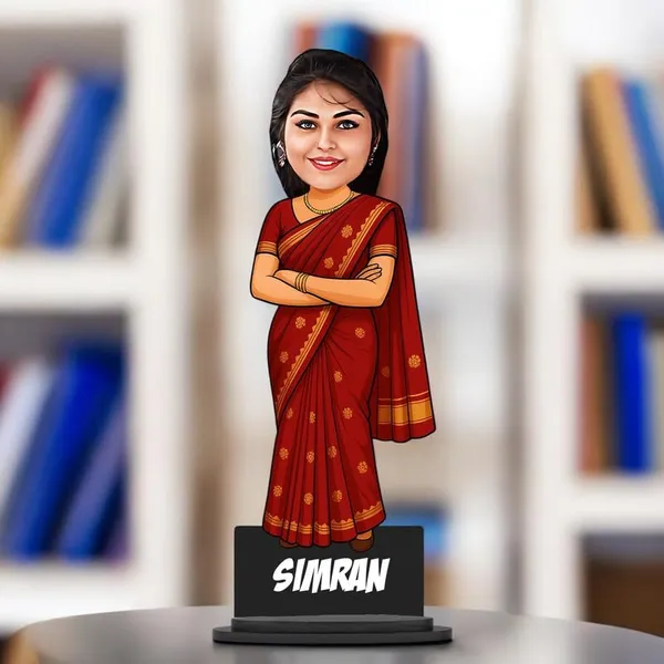 Personalized_Girl_Caricature_in_Saree_with_Purse,_7_Inch_Custom_2D_Wooden_Figurine_with_Stand_&_Acrylic_Nameplate,_Double_Layer_Glossy_Laminated_MDF_Gift_for_Women_&_Girls,_Any_Dress_&_Profession