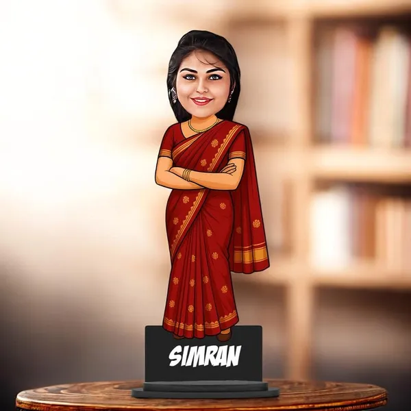 Personalized_Girl_Caricature_in_Saree_with_Purse,_7_Inch_Custom_2D_Wooden_Figurine_with_Stand_&_Acrylic_Nameplate,_Double_Layer_Glossy_Laminated_MDF_Gift_for_Women_&_Girls,_Any_Dress_&_Profession