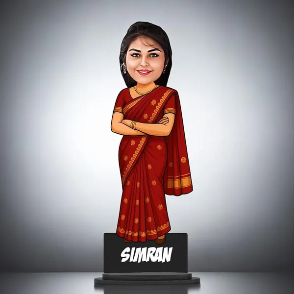 Personalized_Girl_Caricature_in_Saree_with_Purse,_7_Inch_Custom_2D_Wooden_Figurine_with_Stand_&_Acrylic_Nameplate,_Double_Layer_Glossy_Laminated_MDF_Gift_for_Women_&_Girls,_Any_Dress_&_Profession