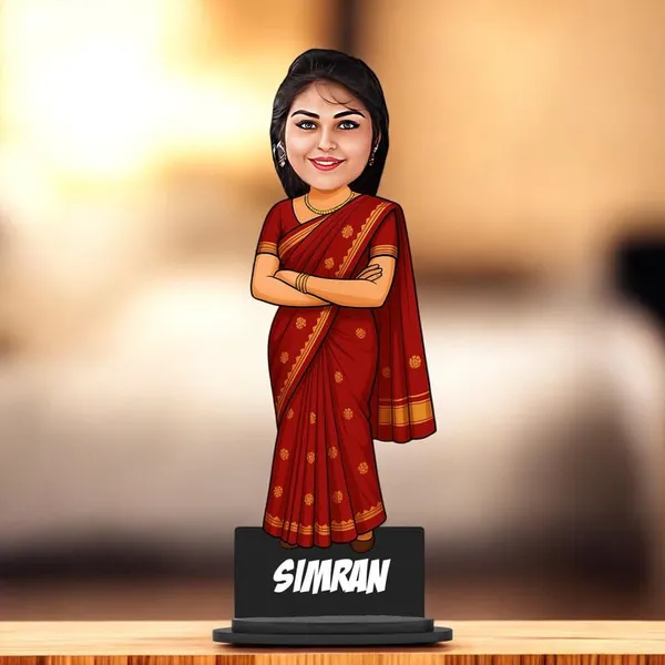 Personalized_Girl_Caricature_in_Saree_with_Purse,_7_Inch_Custom_2D_Wooden_Figurine_with_Stand_&_Acrylic_Nameplate,_Double_Layer_Glossy_Laminated_MDF_Gift_for_Women_&_Girls,_Any_Dress_&_Profession