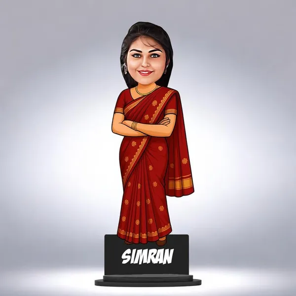Personalized_Girl_Caricature_in_Saree_with_Purse,_7_Inch_Custom_2D_Wooden_Figurine_with_Stand_&_Acrylic_Nameplate,_Double_Layer_Glossy_Laminated_MDF_Gift_for_Women_&_Girls,_Any_Dress_&_Profession