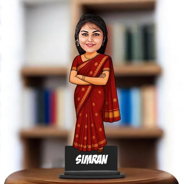 Personalized_Girl_Caricature_in_Saree_with_Purse,_7_Inch_Custom_2D_Wooden_Figurine_with_Stand_&_Acrylic_Nameplate,_Double_Layer_Glossy_Laminated_MDF_Gift_for_Women_&_Girls,_Any_Dress_&_Profession