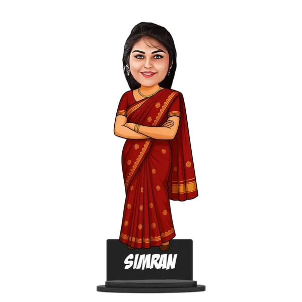 Personalized_Girl_Caricature_in_Saree_with_Purse,_7_Inch_Custom_2D_Wooden_Figurine_with_Stand_&_Acrylic_Nameplate,_Double_Layer_Glossy_Laminated_MDF_Gift_for_Women_&_Girls,_Any_Dress_&_Profession