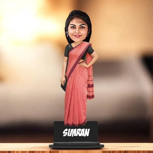 Personalized_Girl_Caricature_in_Saree_with_Purse,_7_Inch_Custom_2D_Wooden_Figurine_with_Stand_&_Acrylic_Nameplate,_Double_Layer_Glossy_Laminated_MDF_Gift_for_Women_&_Girls,_Any_Dress_&_Profession