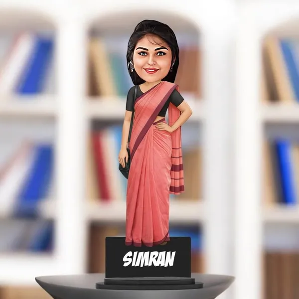 Personalized_Girl_Caricature_in_Saree_with_Purse,_7_Inch_Custom_2D_Wooden_Figurine_with_Stand_&_Acrylic_Nameplate,_Double_Layer_Glossy_Laminated_MDF_Gift_for_Women_&_Girls,_Any_Dress_&_Profession